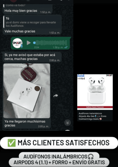 Cliente confirmando por WhatsApp la entrega de sus AirPods